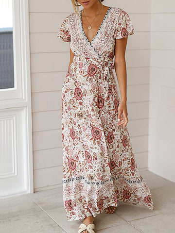 Sexy Longue Robe Imprimé à Fleurie de Plage Bohème Fendue Cuisse